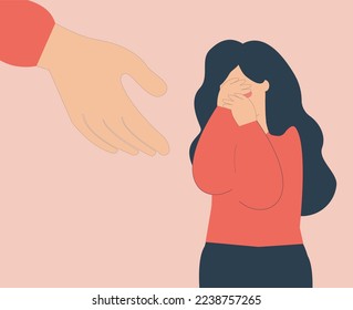 A hand supports a woman to get rid of stress and depression. Sad girl needs help due to abuse, bullying and violence. Female crying and covering her face. concept of Mental health and rehabilitation.
