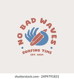 Hand and surfboard. Vintage surf design template for surf club, surf shop, surf merch.