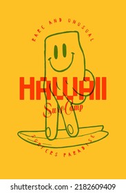 Hand surfer. Hand character with smile face riding a surfboard. Hawaii surf camp. Vintage typography silkscreen t-shirt print vector illustration.