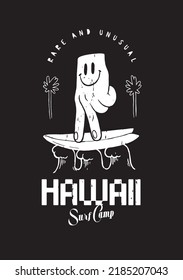 Hand surfer. Hand with a face riding surfboard. Street style silkscreen t-shirt print surfing vector illustration.