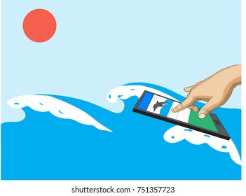 A hand is surfing on mobile phone. (vector) 