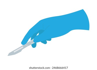 mano del cirujano en un guante médico azul sosteniendo un bisturí- Ilustración vectorial