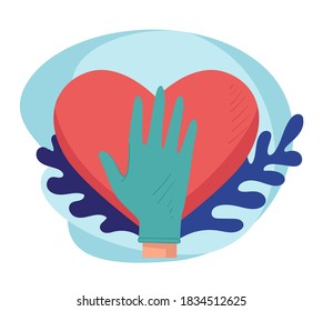 Hand of surgeon wearing glove and heart with foliage. Cardiology center for heart diseases and illnesses treatment. Caring for health, health care and wellbeing. Cardiologist vector in flat style