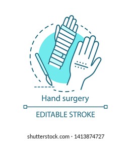 Hand surgery concept icon. Orthopaedic surgery idea thin line illustration. Wrist, forearm problem. Joint replacement. Tendon and nerve repair. Vector isolated outline drawing. Editable stroke
