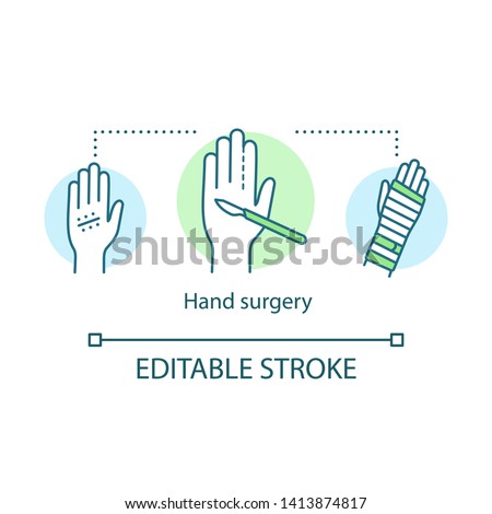 Hand surgery concept icon. Orthopaedic surgery idea thin line illustration. Wrist, forearm problem. Joint replacement. Tendon and  nerve repair. Vector isolated outline drawing. Editable stroke