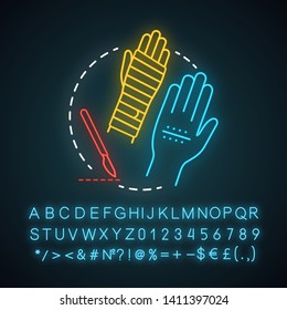 Hand surgery neon light icon. Orthopaedic surgery. Wrist, forearm problem. Joint replacement. Tendon and nerve repair. Glowing sign with alphabet, numbers and symbols. Vector isolated illustration