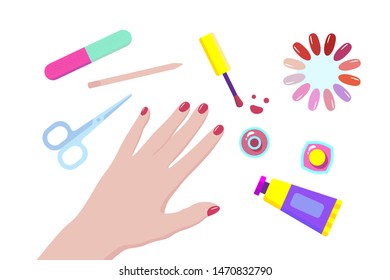 Hand surrounded by tools for manicure, nail care, beauty salon. Color vector illustration for banner, advertisement, website.