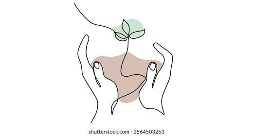 Hand surrounding a seedling in continuous line drawing. A representation of nurturing, growth, and new beginnings. Vector illustration one line art minimalist.