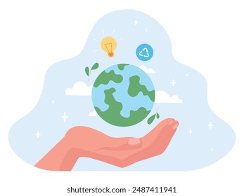 Die Hand hält die Erde. Speichern Hands Preserve Planet Mensch Friedlicher Weltschutz Nachhaltigkeit Umweltkonzept Nachhaltige Klima Gesundheit Ökologie Globus Vektorillustration