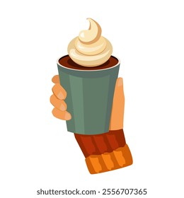 A hand in a sweater is holding a cup of coffee with whipped cream.Vector illustration isolated on white background.