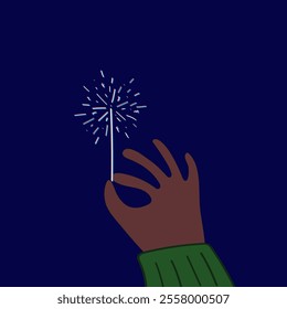 Hand in sweater is holding lit sparkler. New Year party celebration vector illustration
