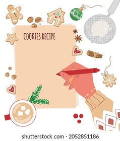 A hand in sweater with a pen write on a blank page.All around ingredients for Christmas baking,coffee cup,cookies. Preparing for baking.Vector flat illustration. Top view. 