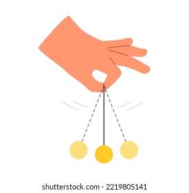 Hand with the swinging of the pendulum introducing man into hypnosis. The concept of immersion in hypnosis. Vector illustration
