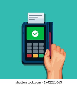Hand swipe card to payment device in cashier or store, cashless symbol concept in cartoon illustration vector