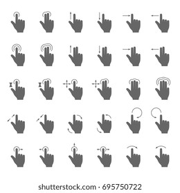 Hand swipe and drag gesture vector icons with touching action arrows for touch screen device. Finger gesture action for use smart phone illustration