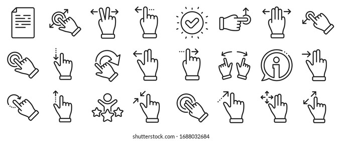 Hand swipe, Slide gesture, Multitasking icons. Touchscreen gesture line icons. Touchscreen technology, tap on screen, drag and drop. Smartphone mobile app or user interface. Vector
