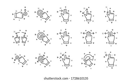 Hand swipe, Slide gesture, Multitasking icons. Touchscreen gesture line icons. Touchscreen technology, tap on screen, drag and drop. Linear set. Geometric elements. Quality signs set. Vector