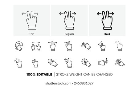 Hand swipe, Slide gesture, Multitasking icons. Touchscreen gesture line icons. Touchscreen technology, tap on screen, drag and drop. Linear set. Line icons set. Vector
