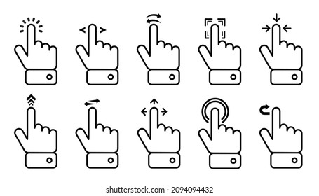 Hand Swipe and Tap icon collection. Up arrow button symbol. Social media scrolling. Vector Illustration.
