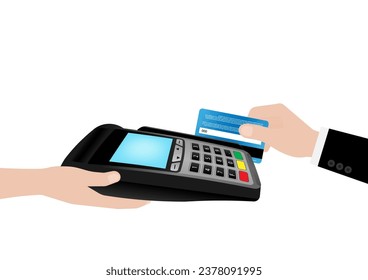 Hand Swiping Credit Card For Making Payment by using POS - Point of Sale Terminal or Credit Card Reader Machine. Vector Illustration. 