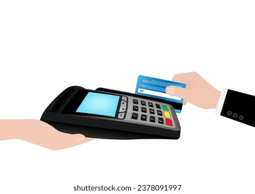 Hand Swiping Credit Card For Making Payment by using POS - Point of Sale Terminal or Credit Card Reader Machine. Vector Illustration. 