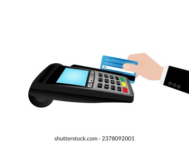 Hand Swiping Credit Card For Making Payment by using POS - Point of Sale Terminal or Credit Card Reader Machine. Vector Illustration. 