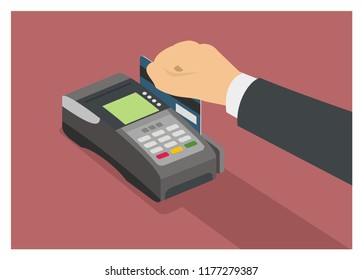 Line art illustration of hand swiping credit card in credit card machine,  Credit card swipe machine outline sketch vector for print ad Stock Vector