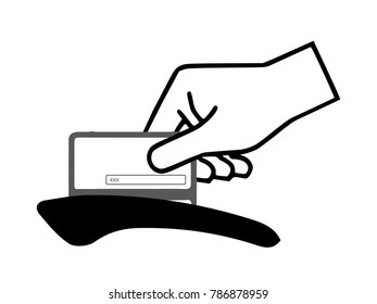 Hand swiping credit card on the machine icon,  logo, symbol, sign, isolated on white background. 2D flat Style graphic design. Grayscale color.  Vector illustration