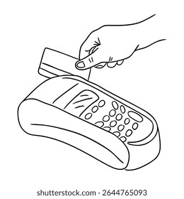 Hand swiping a credit card through a wireless payment terminal drawn in doodle style. Concept of electronic commerce, cashless transaction and modern retail technology