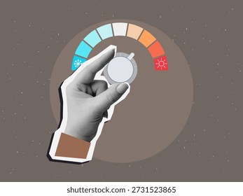 Una mano cambia la temperatura del copo de nieve al sol. Termostato con ajuste frío a caliente. Estilo de collage moderno. Ilustración vectorial