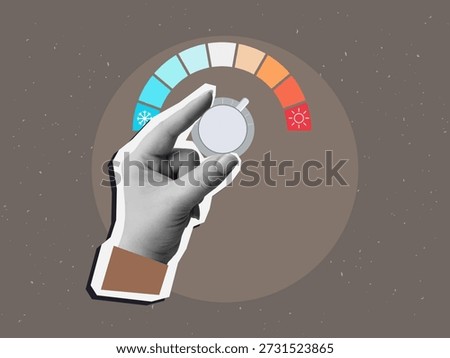 A hand switches temperature from snowflake to sun. Thermostat with cold to hot adjustment. Modern collage style. Vector illustration