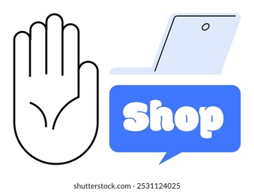 A hand symbol beside an open laptop and Shop sign. Ideal for online shopping, cybersecurity, ecommerce, internet safety, digital transactions. Simplistic, modern, clean style