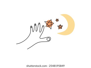 Hand symbol combined with objects telling a story based on imagination, vector illustration.

