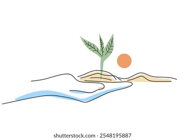 Hand symbol combined with objects telling a story based on imagination, vector illustration.

