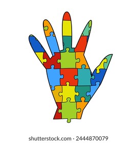 Hand symbol composed of a vibrant spectrum of colors. Puzzles represent the diversity of human minds and experiences. Hand-drawn editable vector illustration isolated on a white background