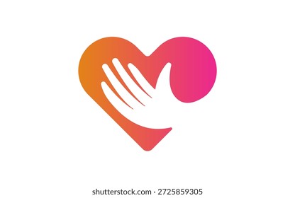 Símbolo de la mano hecho a mano en el espacio negativo dentro de una forma de corazón forman un logotipo moderno. Las líneas limpias y las formas simples crean un símbolo cálido y significativo de cuidado, conexión y amor, perfecto para marcas enfocadas en la compasión y el toque humano.