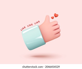 Hand symbol like approved and red heart love. Realistic 3d cartoon style design. Social media Creative concept idea. Vector illustration