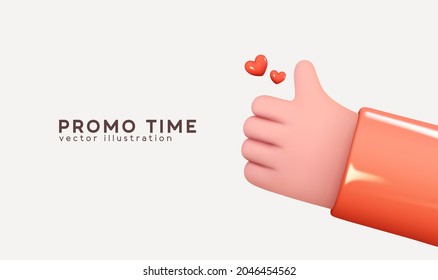Hand symbol like approved and red heart love. Realistic 3d cartoon style design. Social media Creative concept idea. Vector illustration