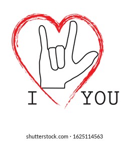 Hand symbol meaning love frame outside write red heart Below the message I YOU  Isolated from white