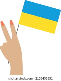 Hand symbol of peace, holds the flag of Ukraine on a white background, no war, support for Ukraine