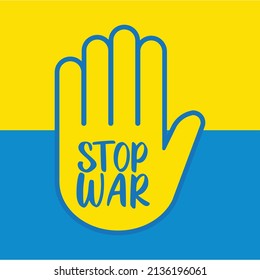 Hand symbol with stop war text. Peace concept pictogram. 