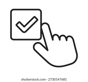 Uma mão interagindo simbolicamente com uma caixa de seleção, representando confirmação ou aprovação.