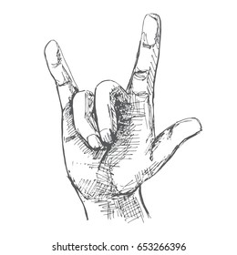 Hand symbolizing a gesture rock 'n' roll.  Illustration in sketch style. Hand drawn vector illustrations.