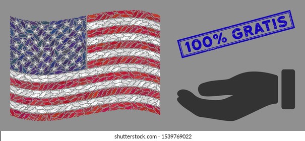 Hand symbols are grouped into American flag mosaic with blue rectangle grunge stamp watermark of 100% Gratis text. Vector collage of American waving official flag is made of hand icons.