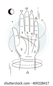 Hand with symbols of palmistry. Print T-shirt, cover. Hand with line