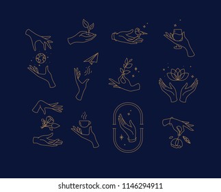 Hand symbols silhouettes drawing in flat style with brown lines on blue background