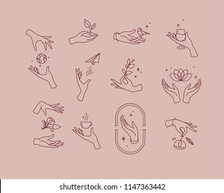 Hand symbols silhouettes drawing in flat style on pink brown background