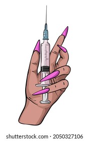 Hand with syringe beauty injection plastic surgery procedure illustration 