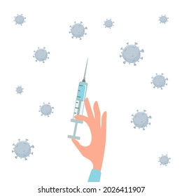 Hand with a syringe and COVID-19 pandemic. Stop viruses. Vaccination time concept. Syringe with vaccine. A medical healthcare professional. Illustration for medical theme, design, banner, vaccination