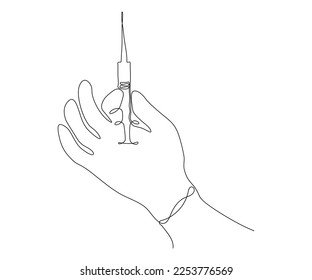 a hand with a syringe, hand-drawn, continuous mono line, one line art, contour drawing